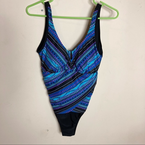 Blue ice sz Large blue purple deep v-neck one piece swimsuit - Picture 1 of 12